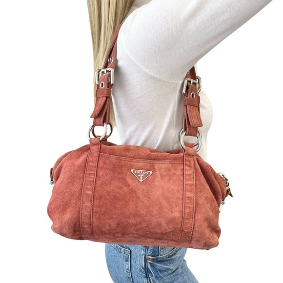 PRADA Handbags - PRADA Vintage Logo Shoulder Bag Tote Red Brown Silver Handbag Suede Zip [105155]